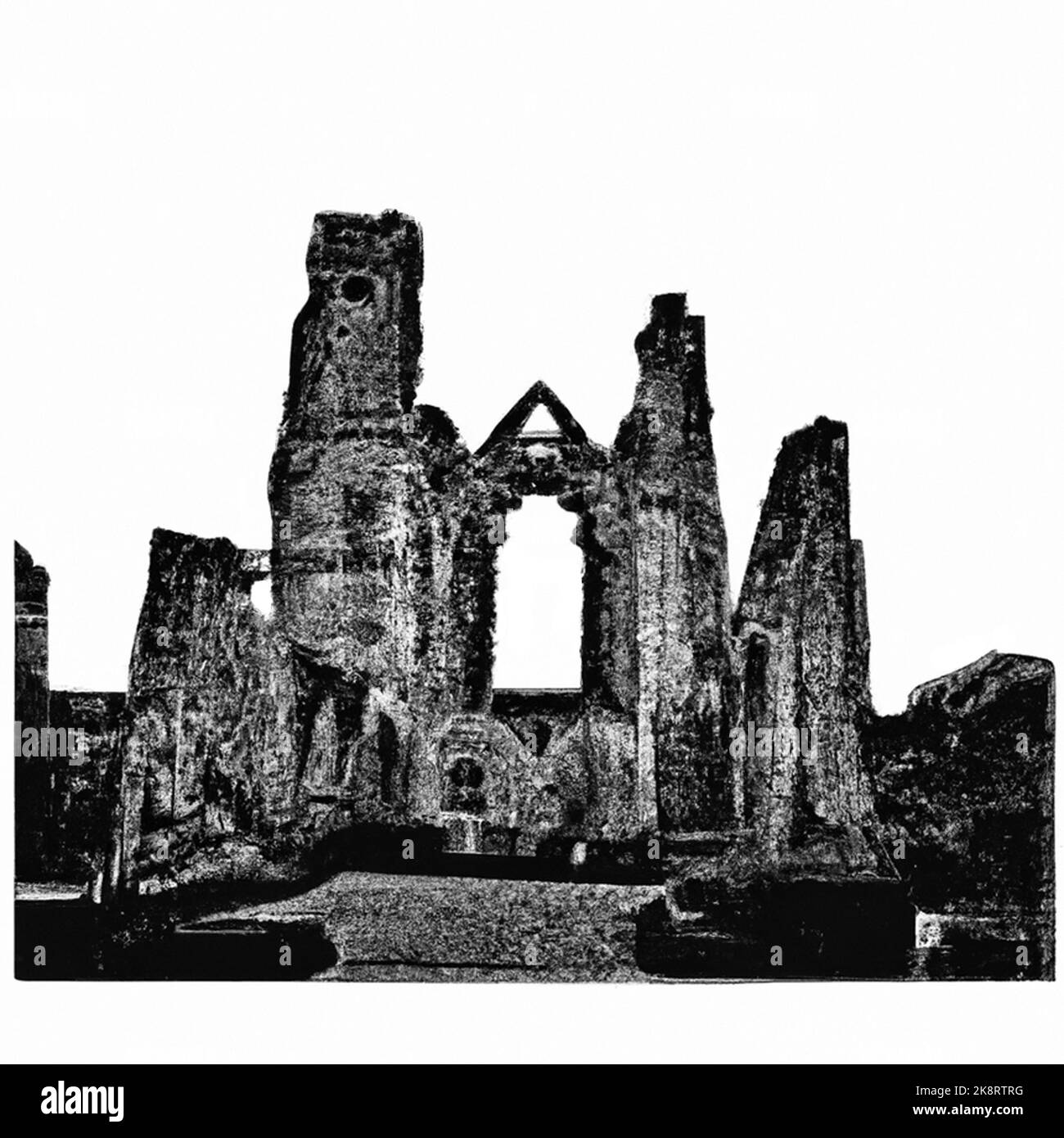 Ruines anciennes de la vieille église avec tours et entrée. Illustration noir et blanc à contraste élevé. Banque D'Images