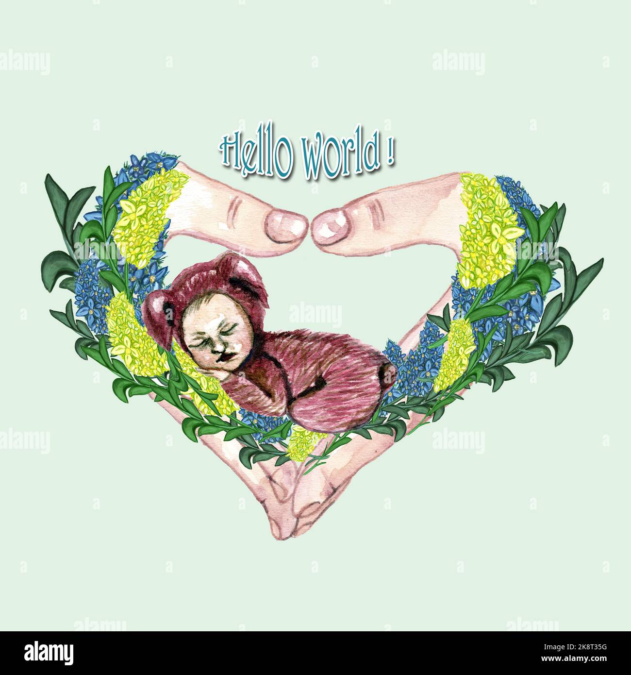 Aquarelle illustration de bébé ou fille mignon comme un lapin rose, nouveau-né dormant dans les paumes des mains pliées en forme de coeur, mignon petit Banque D'Images