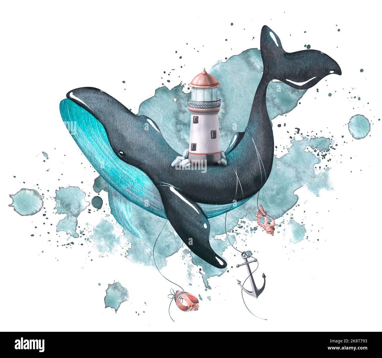 Une baleine noire et turquoise avec un phare à l'arrière, avec une ancre et des coquillages sur le fond d'une tache d'aquarelle. Illustration aquarelle Banque D'Images