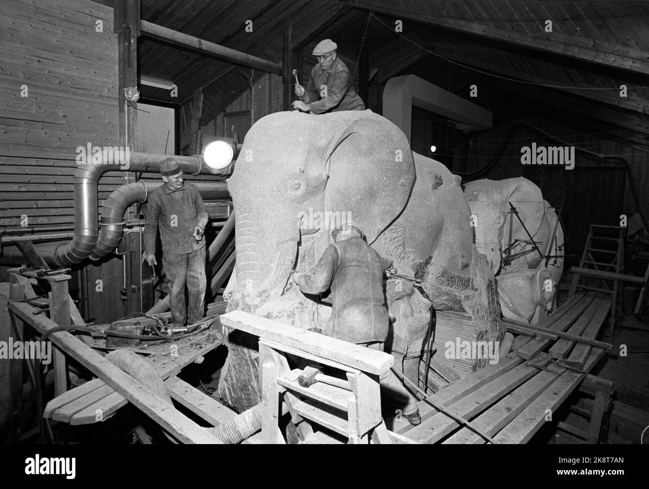 Oslo 1962 sur la sculpture en pierre A/L, l'atelier de robinetterie norvégien sur Abildsø, un éléphant avec des enfants pousse d'un énorme rocher. Le groupe d'éléphants va dans un jardin zoologique de Philladelfia. Le poids est de 35 tonnes - nouveau record américain. La pierre est de Tjølling à Larvik et pesait 100 tonnes à son époque. Photo: Ivar Aaserud / courant / NTB Banque D'Images
