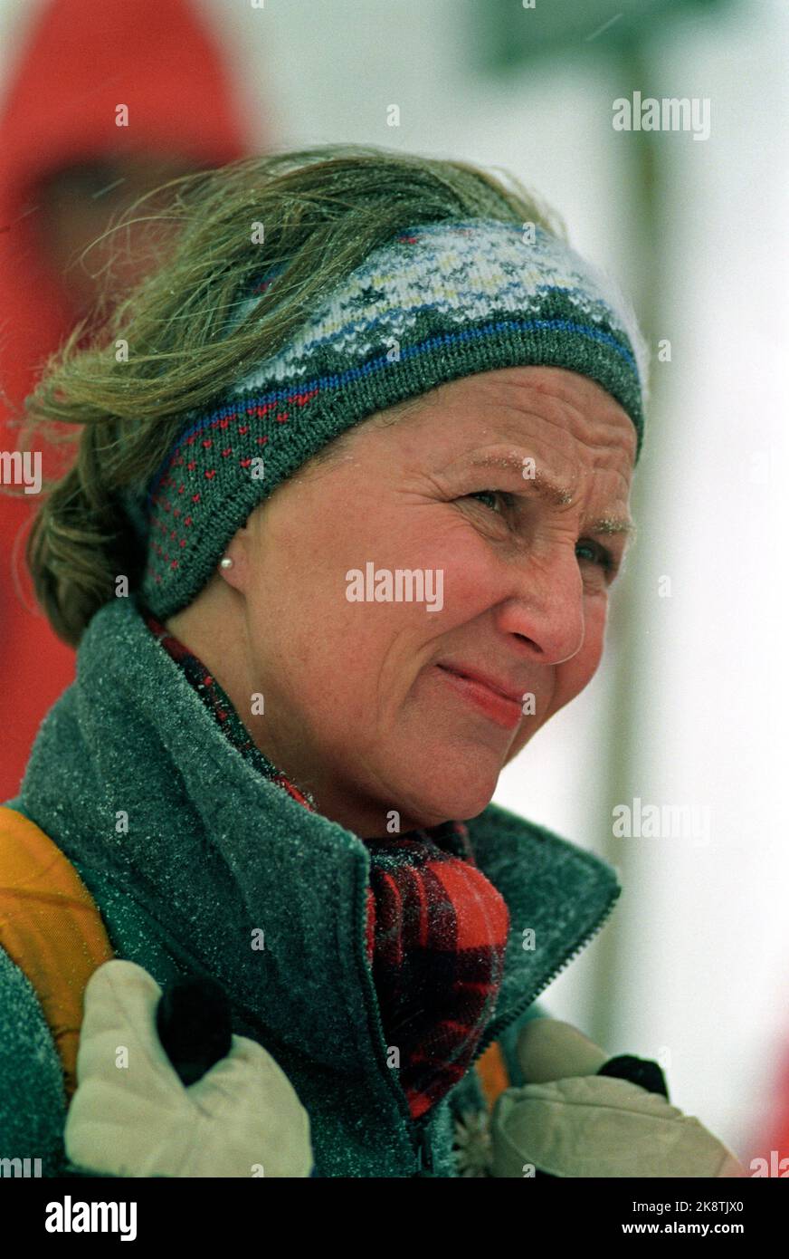 Geilo 19930109. La reine Sonja ouvre la vie en plein air en 1993 à Geilo. Queen Sonja, portrait du vent et de la neige. Pied NTB / NTB Banque D'Images
