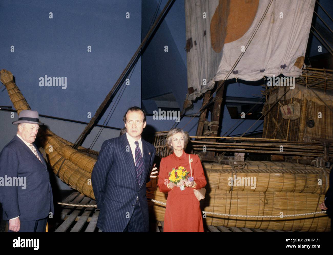 Oslo 198204 14-16 le couple royal espagnol le roi Juan Carlos et la reine Sofia lors d'une visite officielle en Norvège. Ici, de la visite au musée Kon Tiki. Par ex. Le roi Olav, le roi Juan Carlos et la reine Sofia. Photo: NTB / NTB Banque D'Images