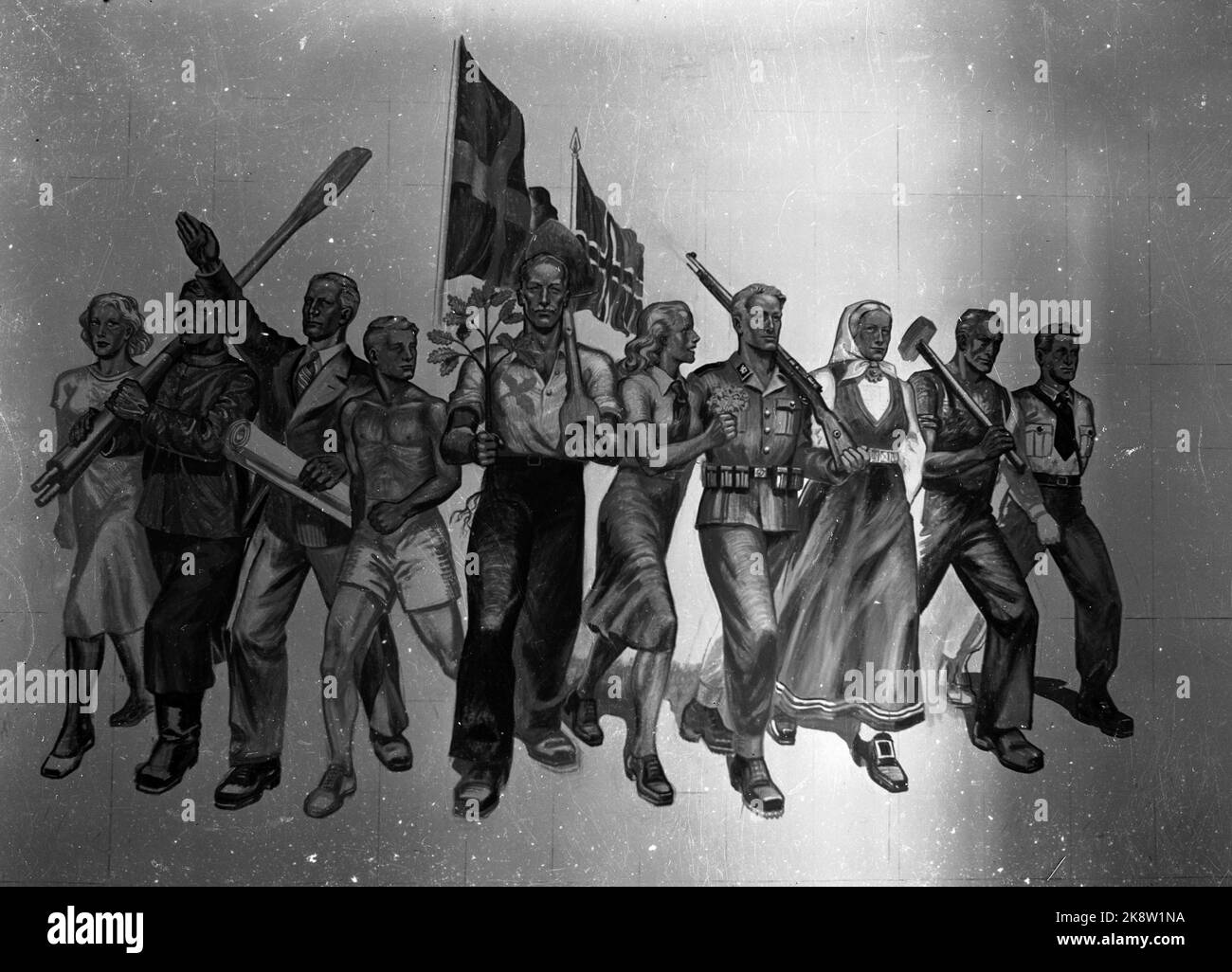 WW2 Oslo 19420925 l'exposition "le nouveau voyage de la Norvège" à la Galerie nationale. Un tableau de Norvégiens vivaces. Le marin, l'ingénieur, l'agriculteur, le soldat, le travailleur industriel, la femme et la jeunesse. Propagande. Photo: Kihle / NTB *** photo non traitée ***** Banque D'Images