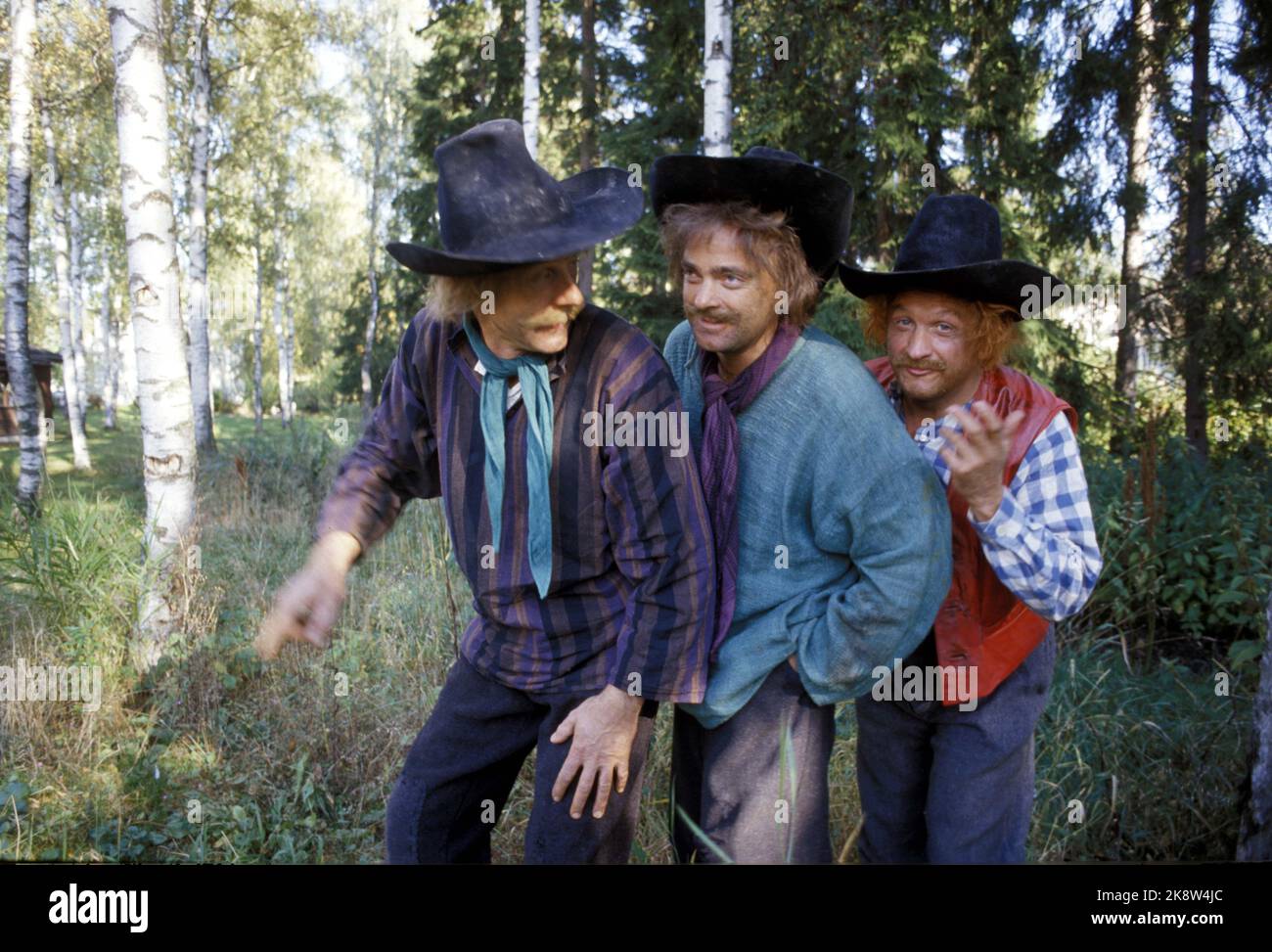 Oslo 19870929. Les trois voleurs dans le film People and Robbers à Cardamom City, après le livre et le spectacle de théâtre à Thorbjørn Egner. Photo de rôle, du tournage. Par exemple : Sverre Anker Ousdal (Kasper), Øivind Blunck (Jesper) et Jon Eikemo (Jonathan). Photo Henrik Laurvik / NTB Banque D'Images
