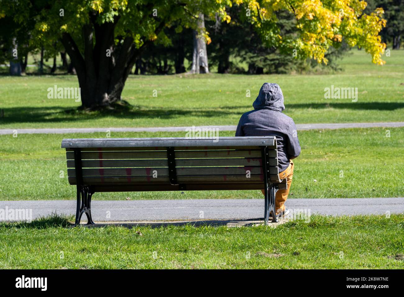Montréal, Canada - 10 octobre 2022 : homme assis à bord dans le parc Maisonneuve Banque D'Images