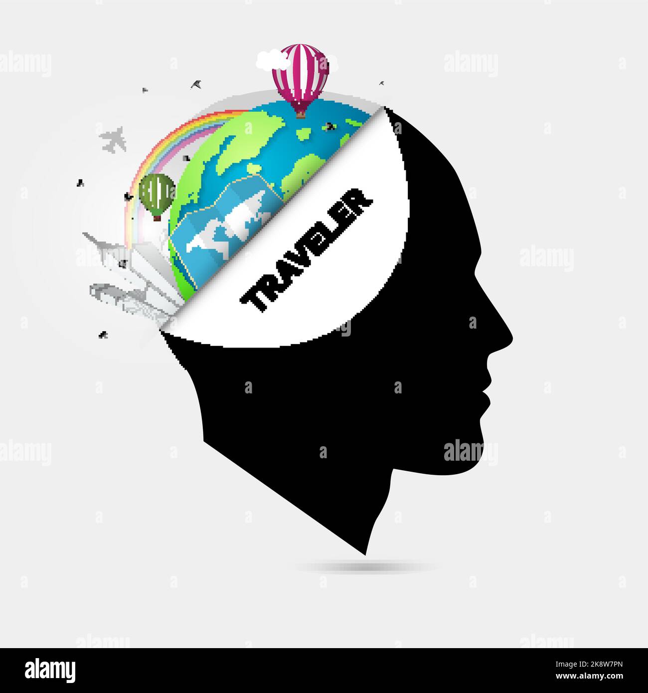 Esprit voyageur. Concept créatif à tête ouverte. Illustration vectorielle Illustration de Vecteur