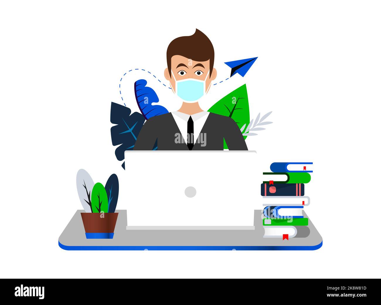 Bureau à domicile. Homme avec masque de coronavirus travaillant à la maison. Illustration vectorielle Illustration de Vecteur