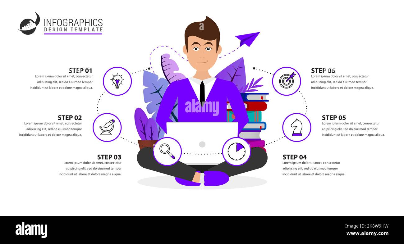 Modèle de conception graphique. Concept créatif en 6 étapes. Peut être utilisé pour la mise en page de flux de travail, le diagramme, la bannière, la conception Web. Illustration vectorielle Illustration de Vecteur