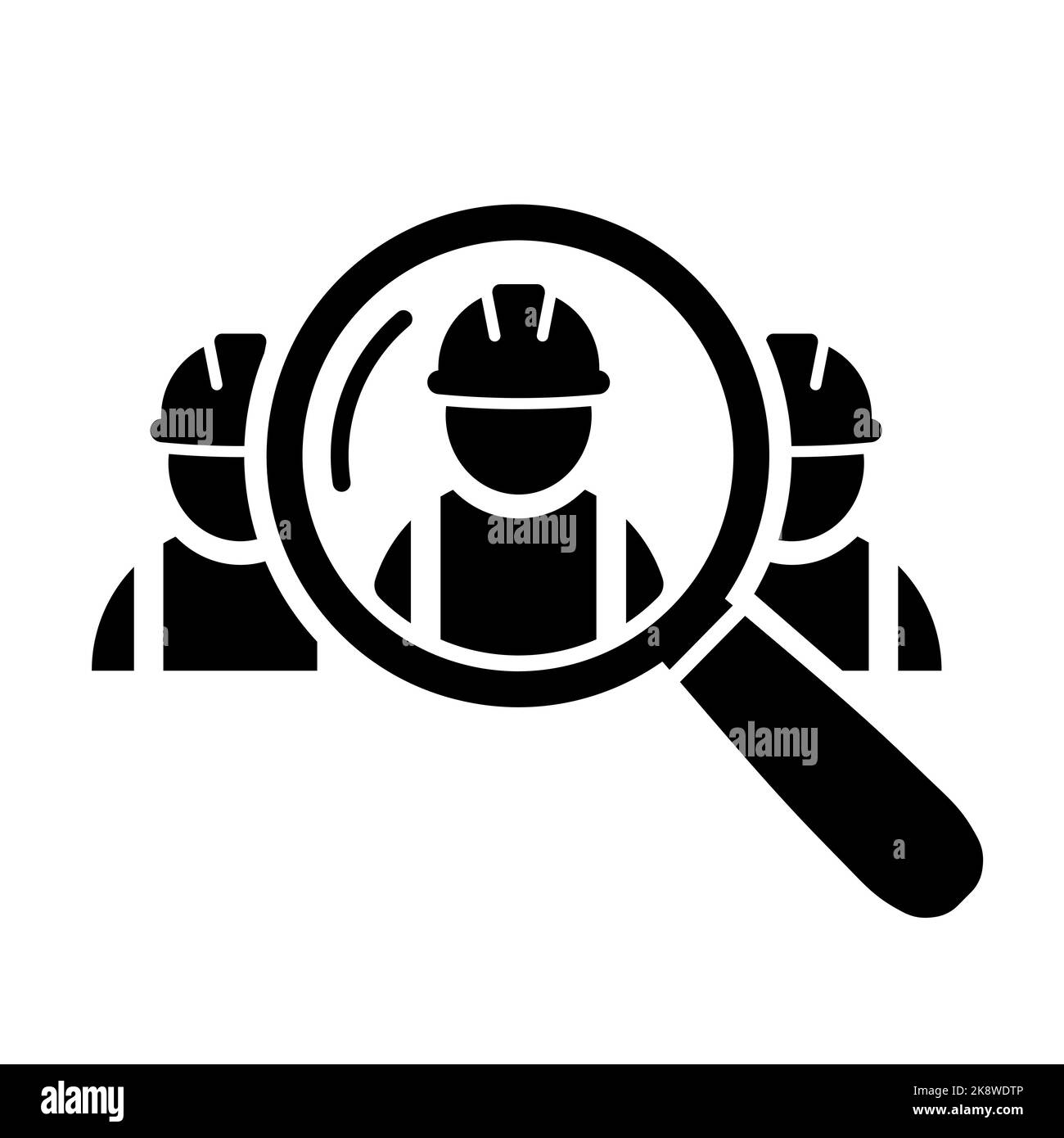 Icône de recherche de travailleurs industriels à plat. - Les travailleurs de la construction se sont represtés de signer le symbole de l'entrepreneur de bâtiment sur blanc . Icône de construction abstraite en Vect noir Illustration de Vecteur