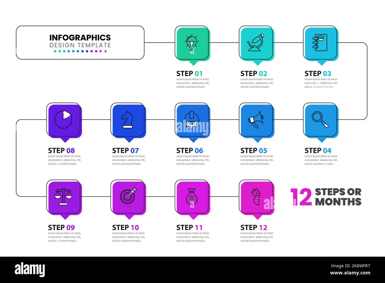 Modèle de conception graphique. Concept de chronologie avec 12 étapes. Peut être utilisé pour la mise en page de flux de travail, le diagramme, la bannière, la conception Web. Illustration vectorielle Illustration de Vecteur