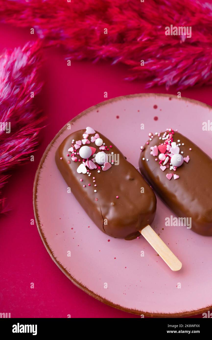 Cupcake à la crème glacée.Cupcakes au chocolat sur une assiette rose avec des fleurs séchées roses sur un fond de fuchsia brillant.biscuits au chocolat sur un bâton Banque D'Images