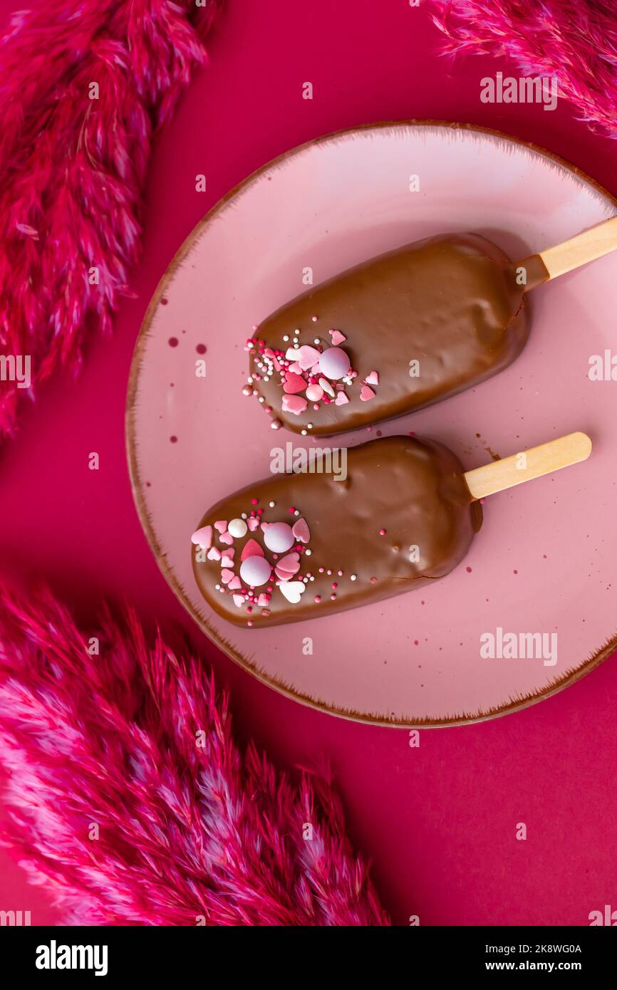 Cupcakes au chocolat sur une assiette rose avec fleurs séchées roses sur un fond de fuchsia brillant.vue d'en haut.biscuits au chocolat sur un bâton dans le Banque D'Images