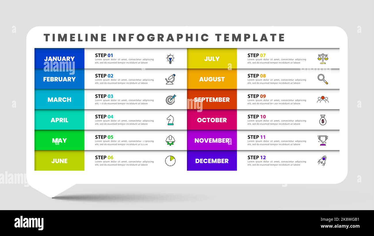 Modèle de conception graphique. Concept de chronologie avec 12 étapes. Peut être utilisé pour la mise en page de flux de travail, le diagramme, la bannière, la conception Web. Illustration vectorielle Illustration de Vecteur