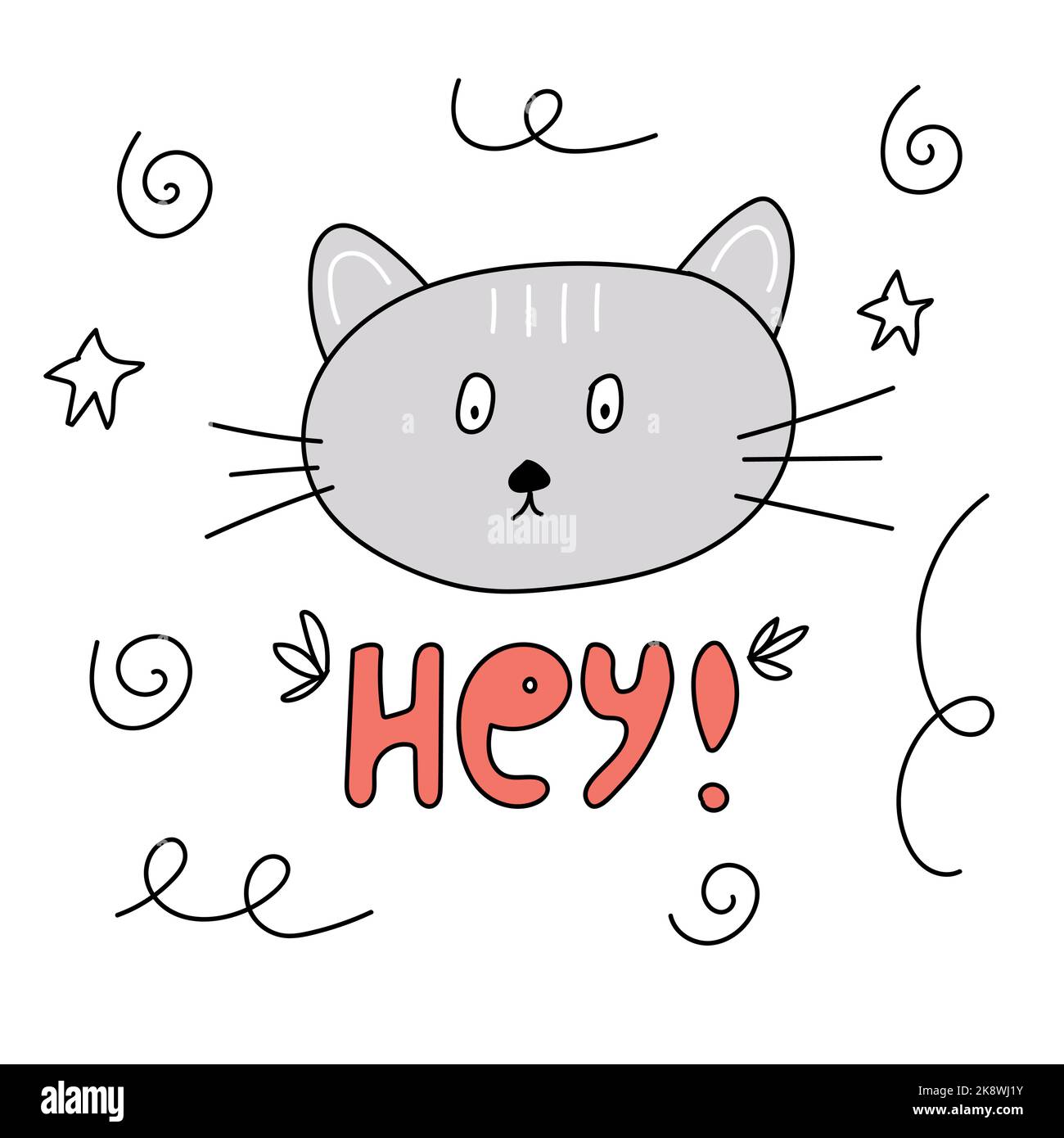 carte postale amusante avec un chat gris et le mot hey Illustration de Vecteur