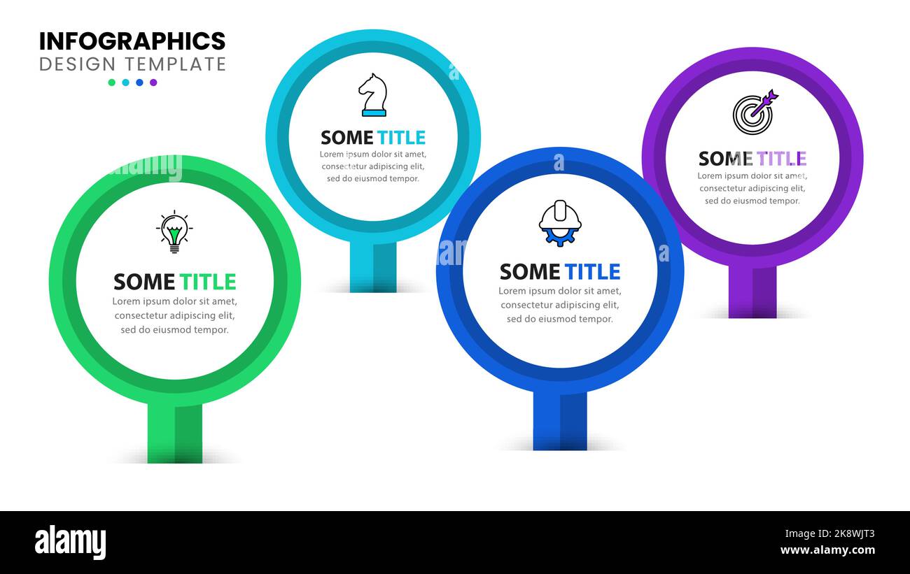 Modèle d'infographie avec icônes et 4 options ou étapes. Cercles. Peut être utilisé pour la mise en page de flux de travail, le diagramme, la bannière, la conception Web. Illustration vectorielle Illustration de Vecteur