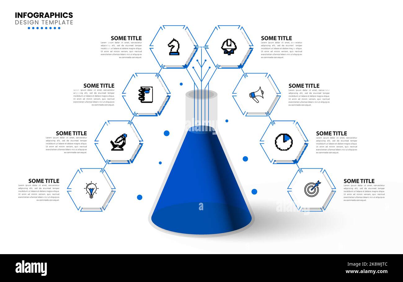 Modèle d'infographie avec icônes et 8 options ou étapes. Tube à essai. Peut être utilisé pour la mise en page de flux de travail, le diagramme, la bannière, la conception Web. Illustration vectorielle Illustration de Vecteur