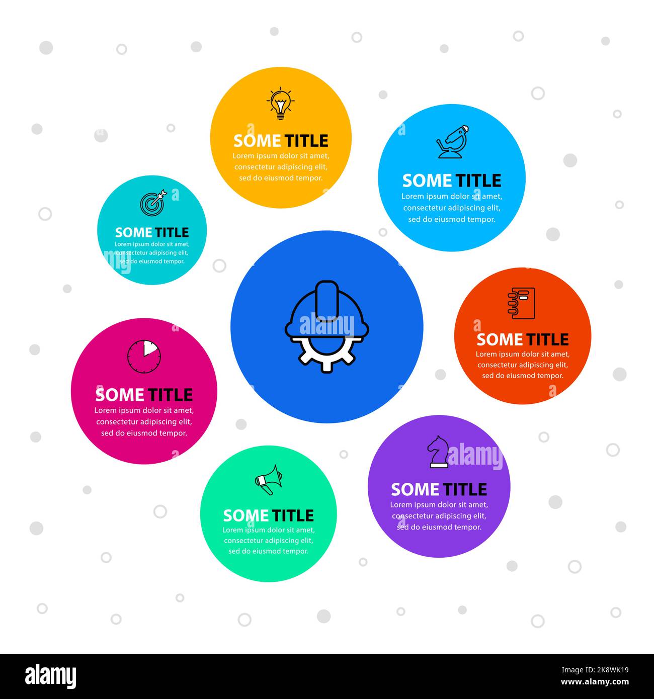 Modèle d'infographie avec icônes et 7 options ou étapes. Bulles. Peut ...
