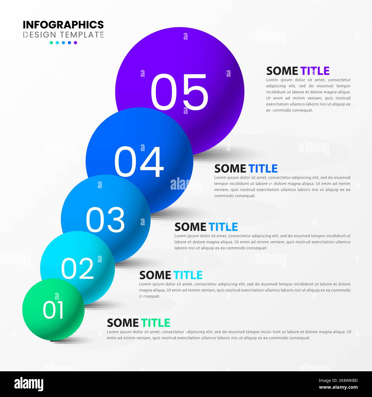 Modèle d'infographie avec 5 options ou étapes. Billes. Peut être utilisé pour la mise en page de flux de travail, le diagramme, la bannière, la conception Web. Illustration vectorielle Illustration de Vecteur