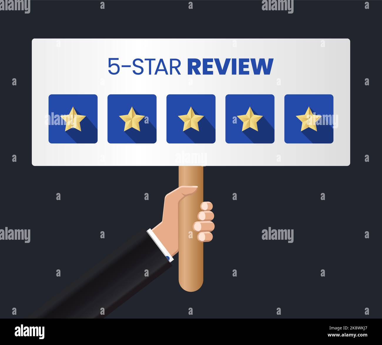 Homme d'affaires tenant une pancarte avec Five Star Review. Illustration vectorielle Illustration de Vecteur