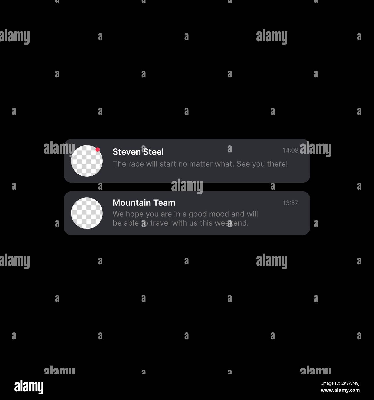 Illustration du Centre de notification. Concept d'interface utilisateur de médias sociaux sur fond noir. Deux lignes. Cercles vides pour l'ajout d'icônes de profil. Texte modifiable de l'heure, des noms et des messages entrants. Elément Web pour applications mobiles. Illustration vectorielle minimaliste Illustration de Vecteur