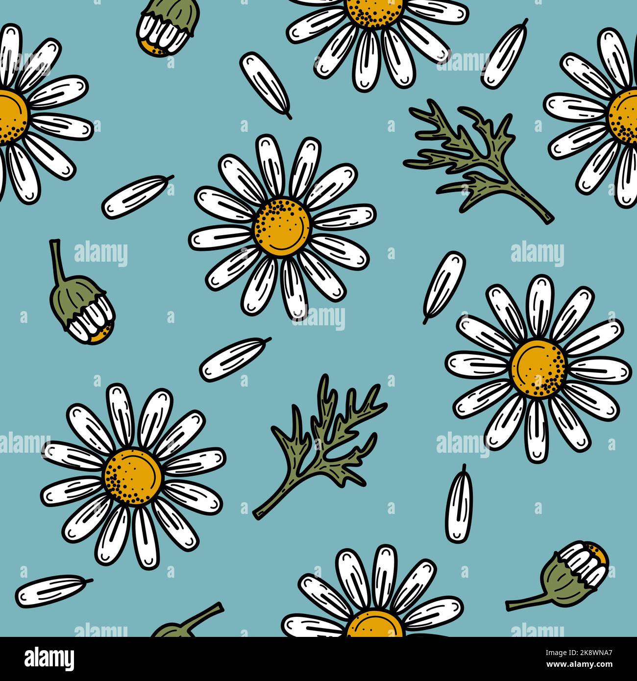 Répétition sans couture motif de fleurs camomille dessiné à la main sur fond bleu avec contour noir pour boîte à thé en papier d'emballage et emballage cosmétique naturel Banque D'Images