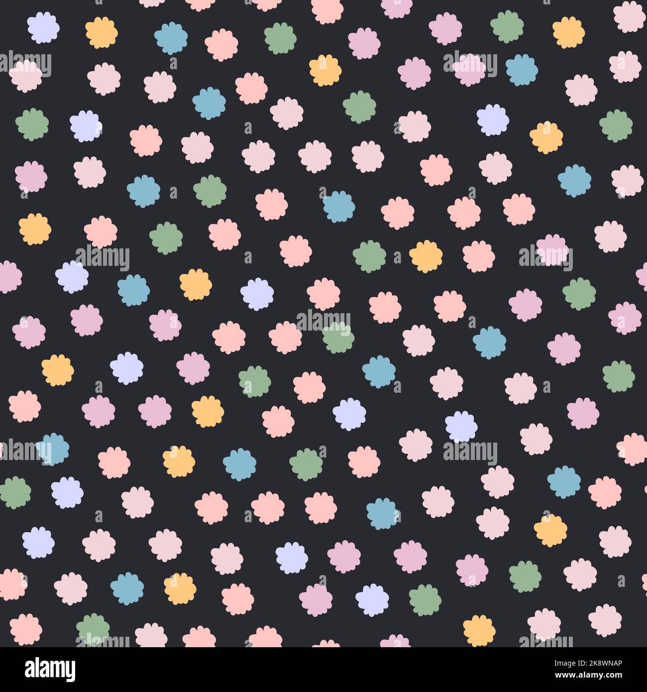 Motif sans couture avec points colorés isolés sur fond noir. Joli imprimé moderne pour emballer du papier, des textiles et des scrapbooking. Banque D'Images