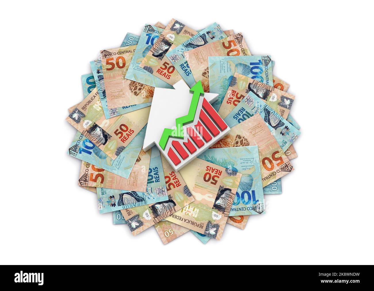 3D illustration d'une maison et de tableaux financiers et de l'argent autour de lui. Argent brésilien. Real brésilien. 50 et 100 billets reais du Brésil. Action Banque D'Images