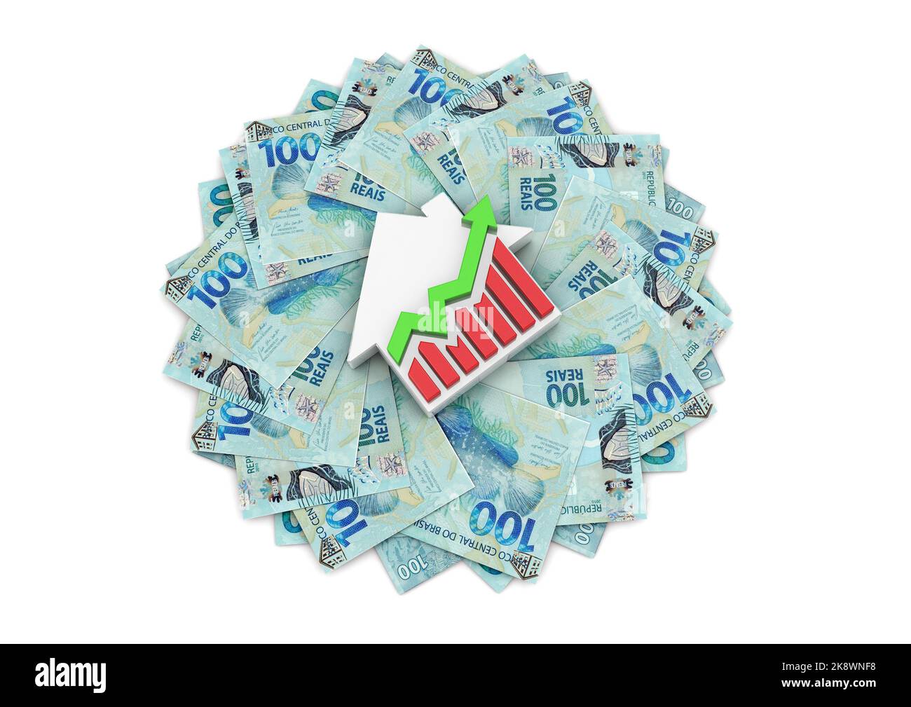 3D illustration d'une maison et de tableaux financiers et de l'argent autour de lui. Argent brésilien. Real brésilien. 100 reais du Brésil. Investissement dans l'immobilier Banque D'Images