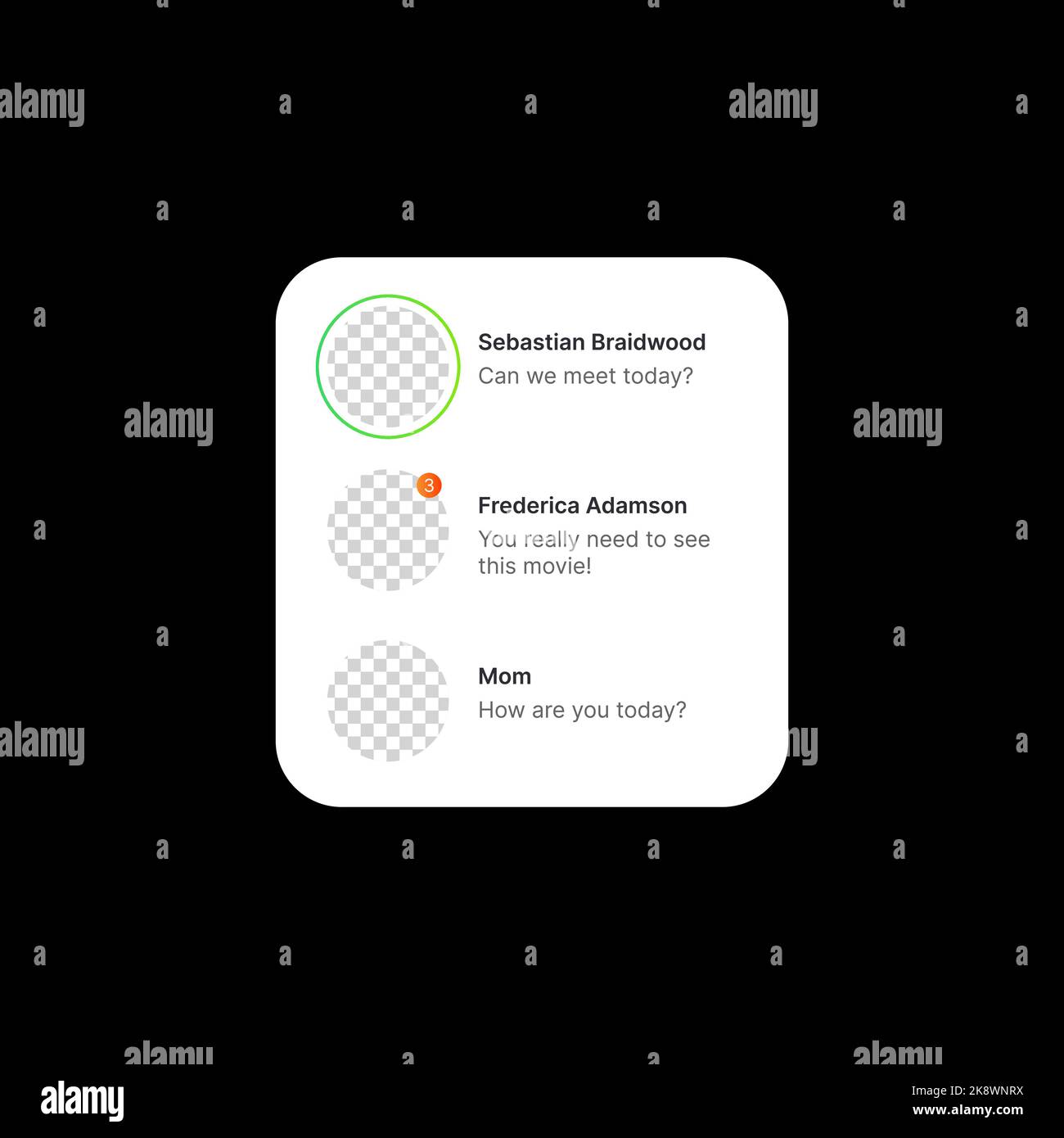 Illustration de la bannière des messages entrants. Concept d'interface utilisateur de médias sociaux sur fond noir. Liste de trois utilisateurs. Noms modifiables, texte et icônes de profil utilisateur. Cercle vert autour de l'avatar du premier utilisateur. Elément Web pour application mobile Illustration vectorielle Illustration de Vecteur