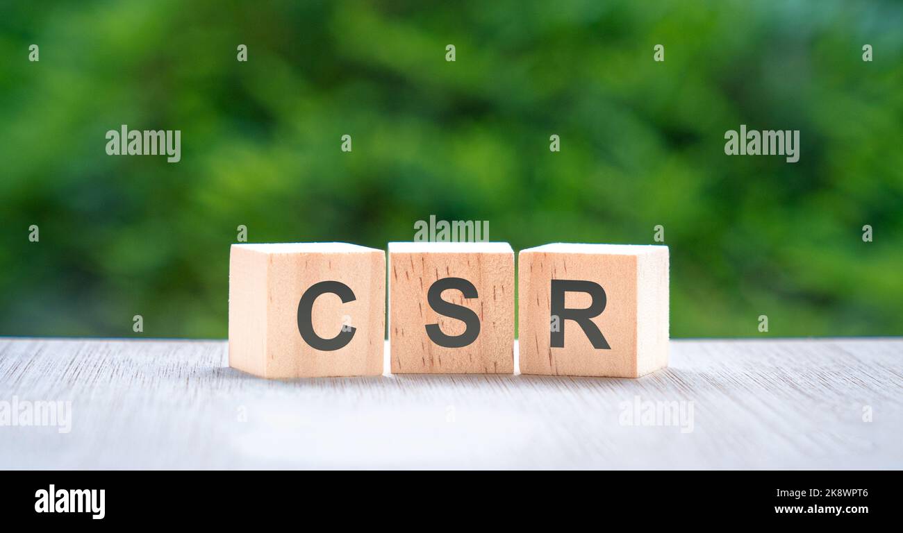 CSR, lettres sur cube en bois avec fond vert nature. Concept de responsabilité sociale d'entreprise. Banque D'Images
