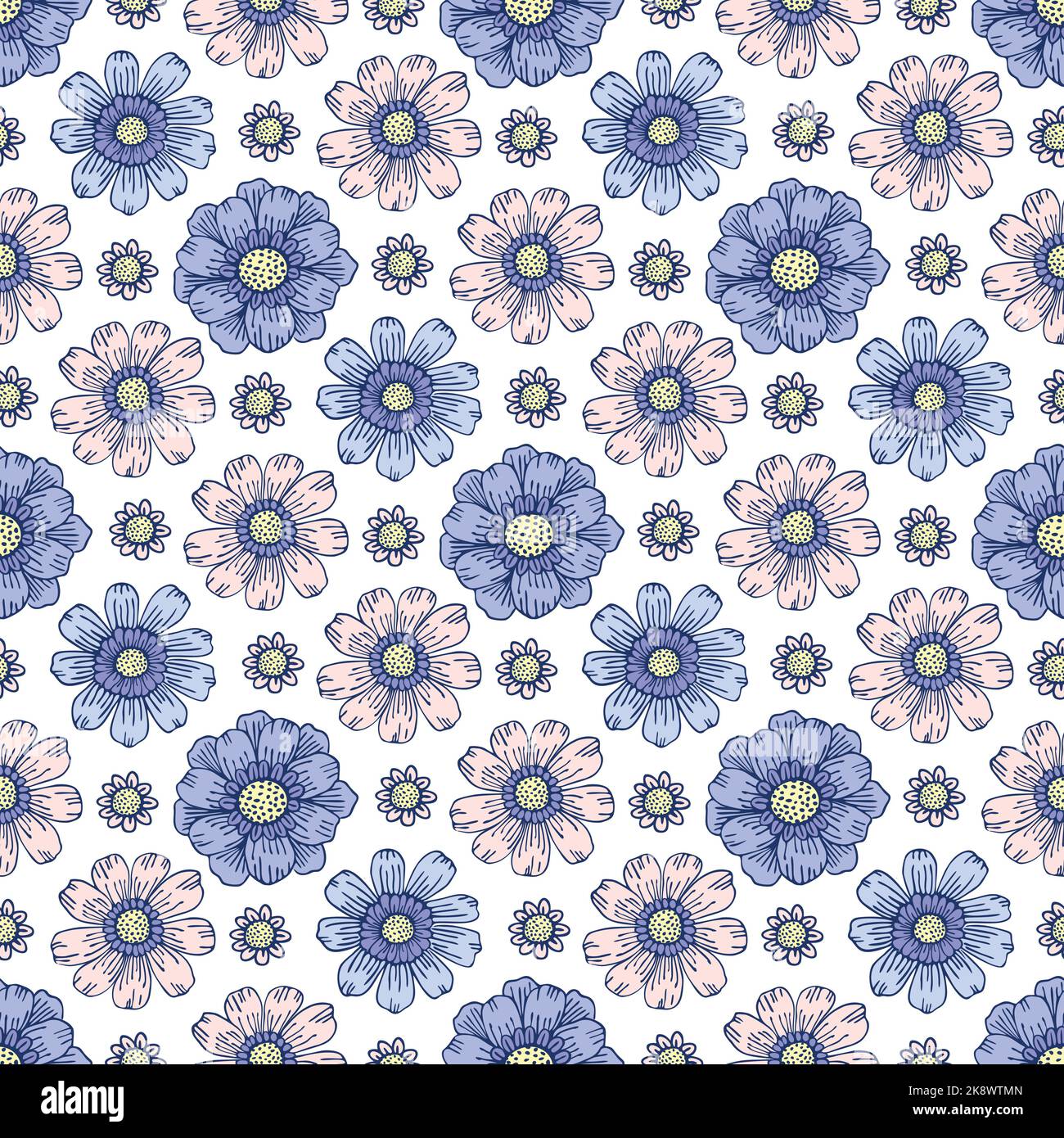 Motif de champ de fleurs. Puissance de la fleur. Motif hippie des années 60. Illustration de Vecteur