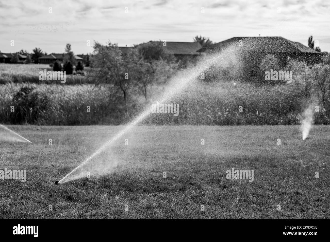 préparation pour l'hiver d'un système de gicleurs d'irrigation en soufflant de l'air sous pression pour éliminer l'eau Banque D'Images