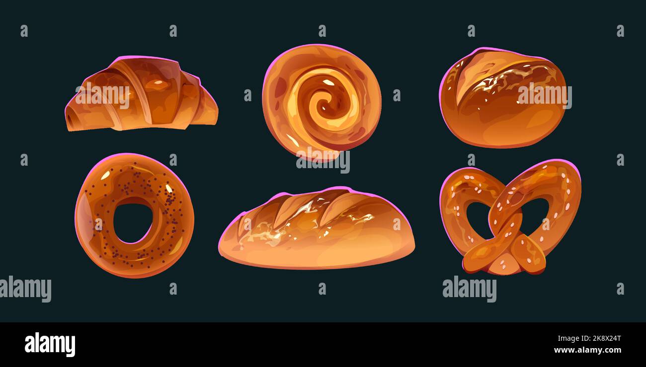 Icônes de boulangerie, pain, baguette, croissant, bagel, brioche et bretzel. Ensemble de gâteaux avec pain de blé frais, ciabatta et batard français, illustration de dessin animé vectoriel Illustration de Vecteur