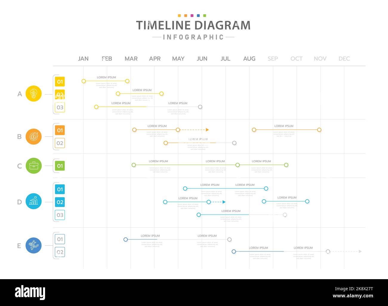 Modèle d'infographie pour les entreprises. Calendrier de diagramme de la Time-Line moderne de 12 mois avec 5 sujets principaux, infographie de vecteur de présentation. Illustration de Vecteur