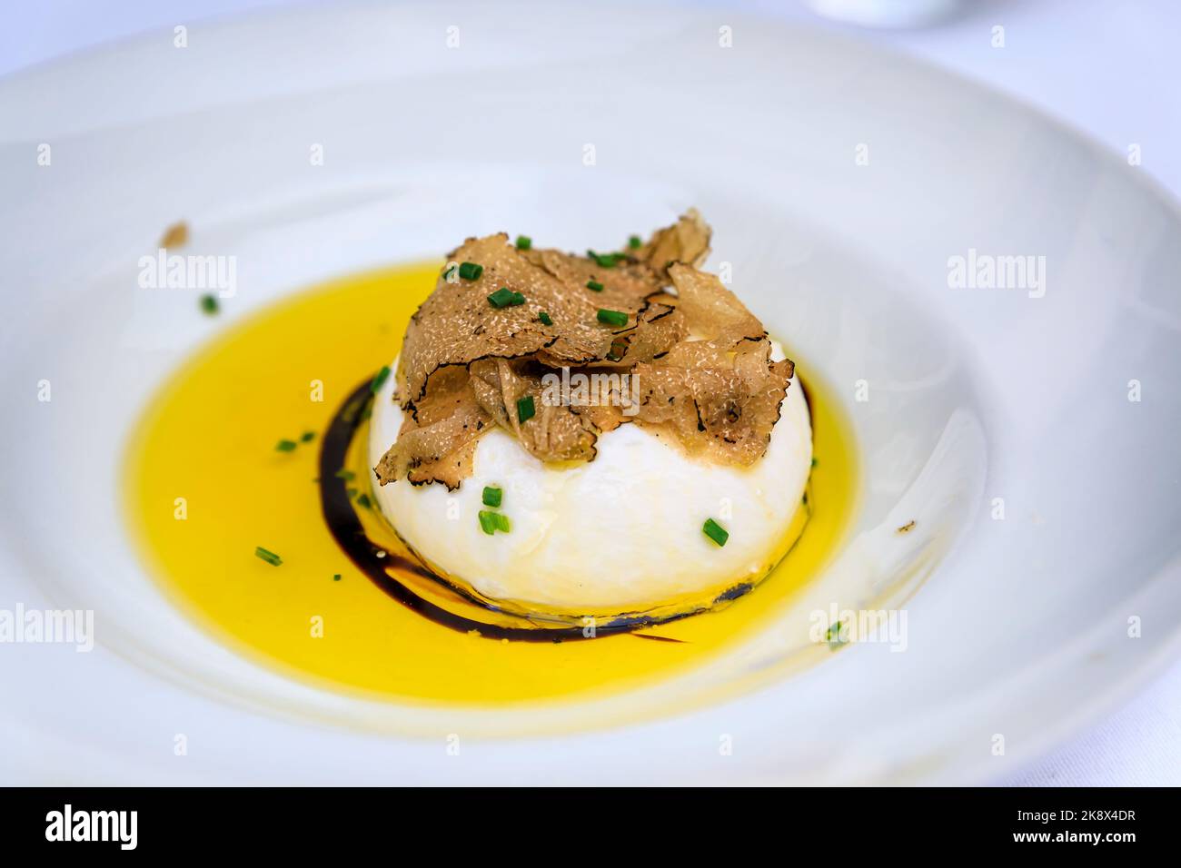 Hors-d'œuvre à la truffe avec burrata frais, tranches rasées d'une truffe noire et oignons verts hachés à l'huile d'olive dans un restaurant de luxe à Nice, France Banque D'Images