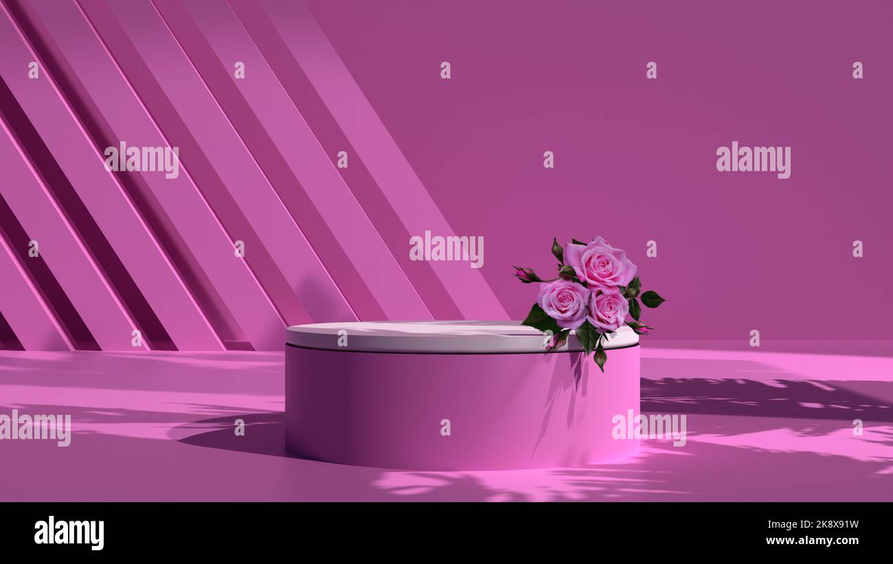 podium violet pour la présentation de produits cosmétiques dans l'espace de rendu 3d, bannière lumineuse pour la présentation de produits, podium vide pour le professionnel de produits de beauté Banque D'Images