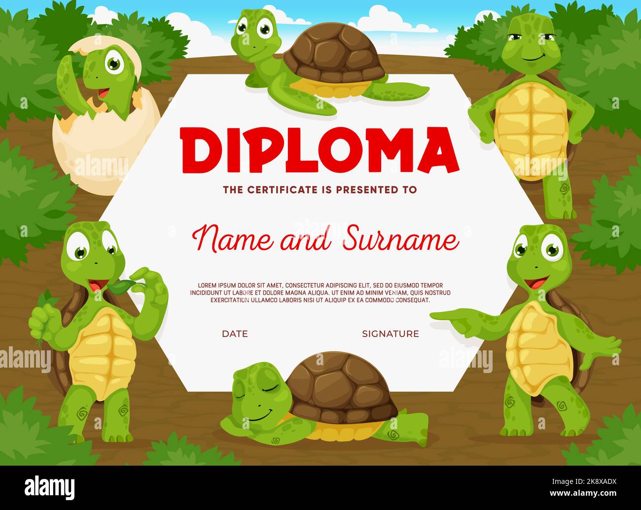 Diplôme pour enfants. Tortues de bande dessinée. Certificat pour les personnages animaux de tortue sur les enfants, modèle de vecteur de document pour le prix de l'éducation des enfants de la maternelle avec des personnages de tortue mangeant, dormant et nouveau-né Illustration de Vecteur