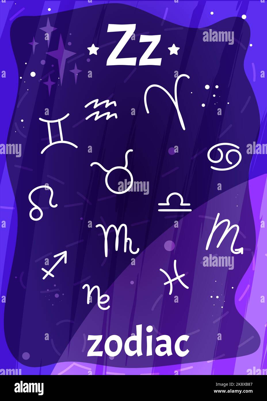 Espace imprimable carte-éclair alphabétique avec lettre Z. Cartoon zodiaque signes dans le ciel bleu avec le mot anglais nom sur la carte-flash pour l'éducation des enfants. Cartes pour enfants pour l'enseignement de la lecture à l'école ou à la maternelle Illustration de Vecteur