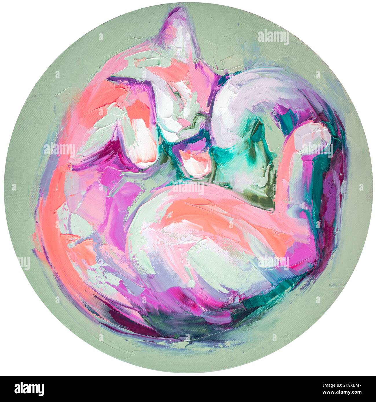 L'image de l'huile d'un chat s'est enroulée vers le haut de la peinture dans des tons multicolores. Peinture abstraite conceptuelle. Gros plan huile de peinture et couteau à palette sur toile. Banque D'Images