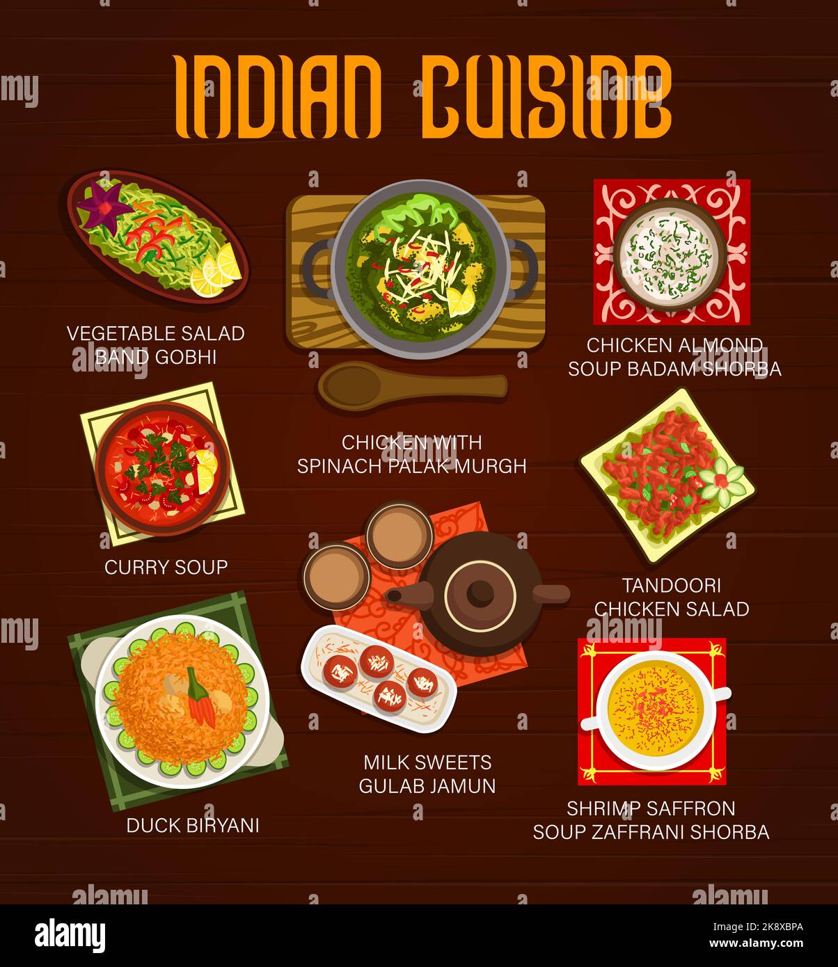 Menu de plats indiens avec des aliments vectoriels aux épices, tels que la soupe au curry, la viande de canard et le riz biryani, les salades de légumes et de poulet tandoori. Soupes de crevettes safran et amande, curry aux épinards et bonbons au lait frits Illustration de Vecteur