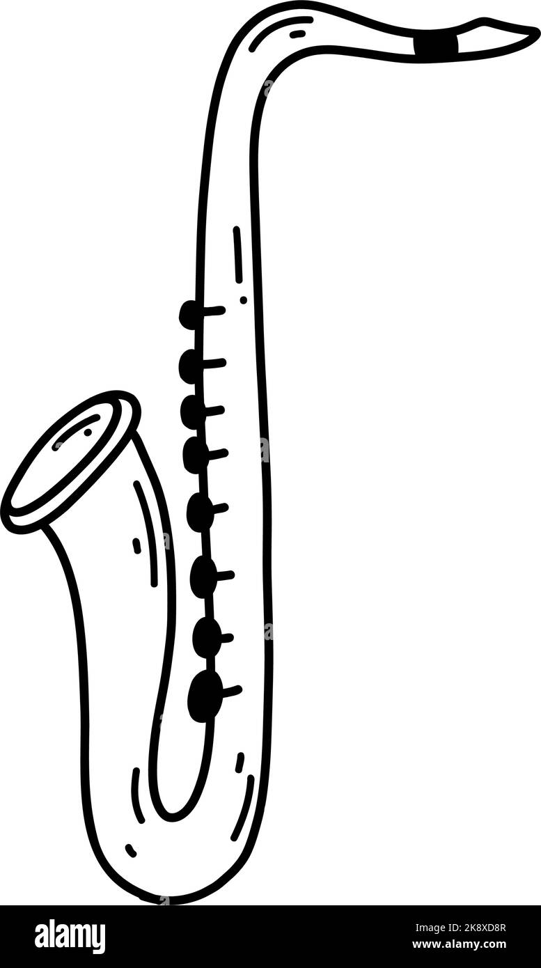 Saxophone Doodle. Dessin vectoriel illustration d'instrument de musique, dessin de fond noir pour web design, icône, impression, page de coloriage. Illustration de Vecteur