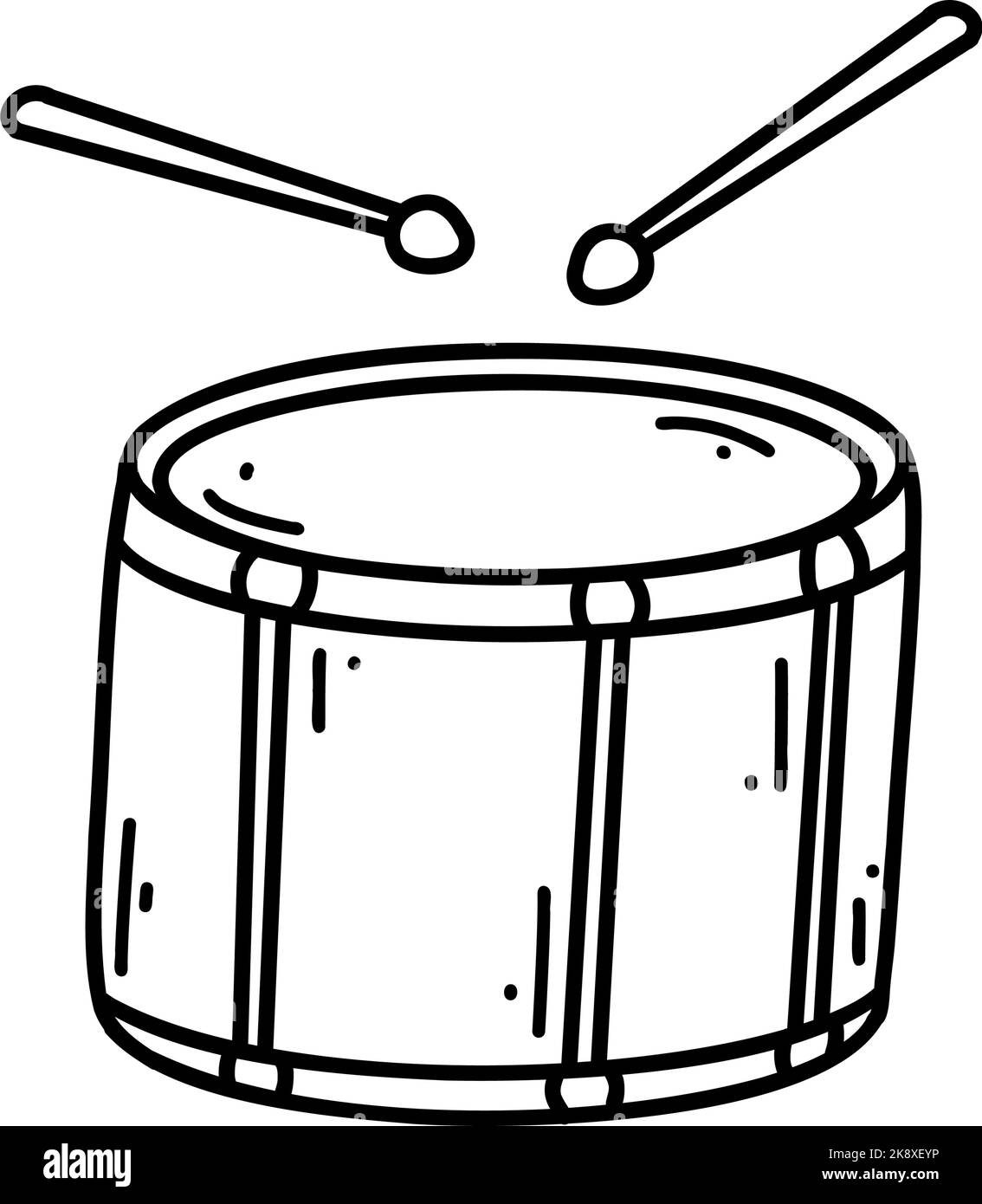 Doodle tambour avec pilons. Dessin vectoriel illustration d'instrument de musique, dessin de fond noir pour web design, icône, impression, page de coloriage. Illustration de Vecteur