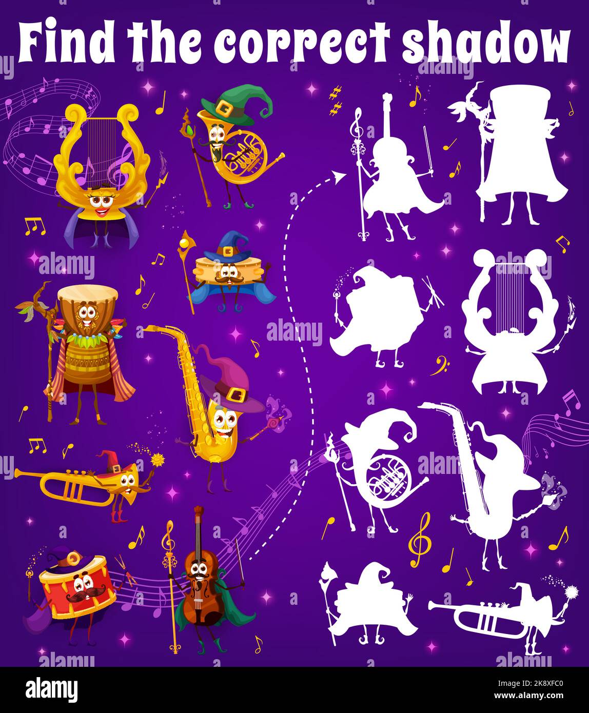 Trouvez l'ombre correcte des personnages de l'assistant et de l'instrument de musique de fée entre les sons et les ondes musicales. Jeu de recherche de similarité avec lyre, corne et tambour, saxophone, trompette, violon Illustration de Vecteur