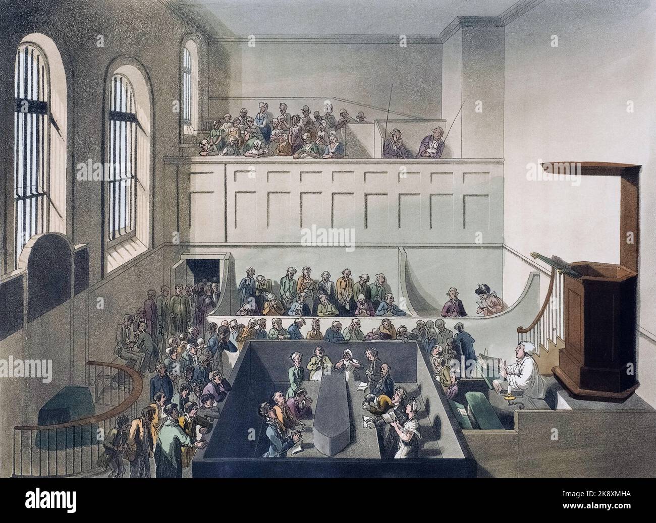 Chapelle Newgate. Vers 1808. Après un travail d'August Pugin et Thomas Rowlandson dans le microcosme de Londres, publié en trois volumes entre 1808 et 1810 par Rudolph Ackermann. Pugin était l'artiste responsable des éléments architecturaux des images microcosmes; Thomas Rowlandson a été embauché pour ajouter les figures humaines animées. Banque D'Images