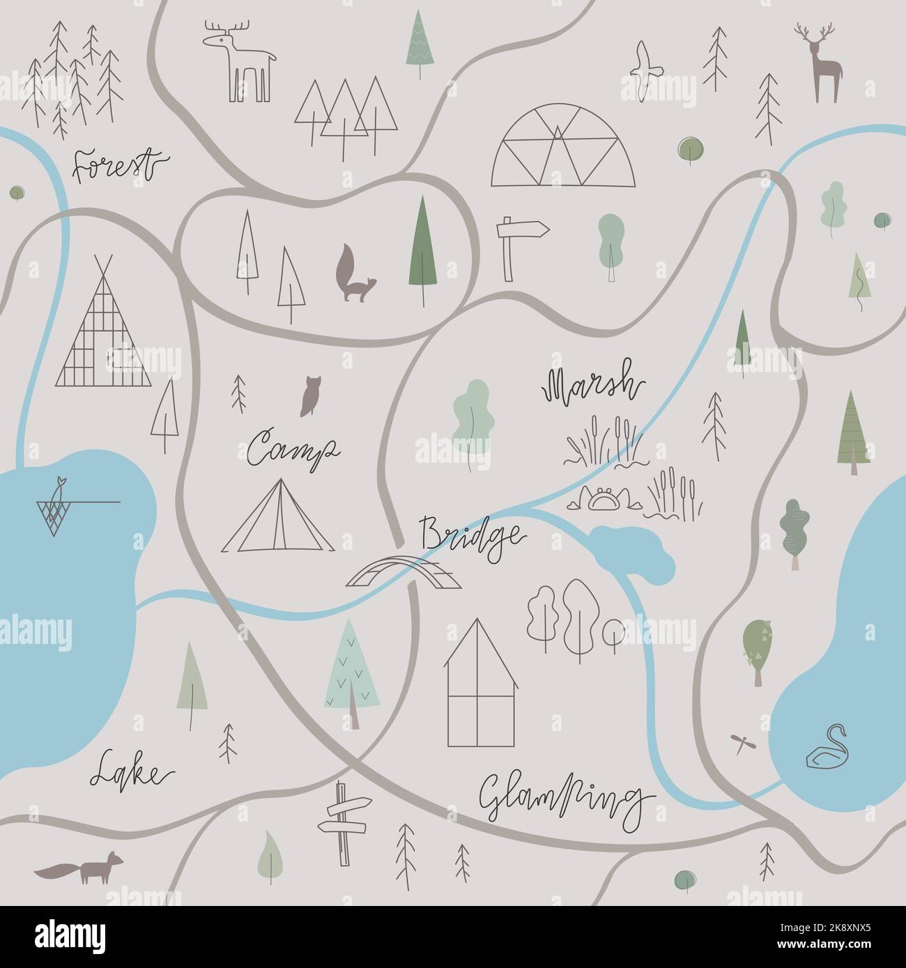 Motif de carte de luxe sans coutures. Paysage forestier, enseignes, animaux, tentes, maisons pour le Web, marquage des illustrations vectorielles simples. Week-end extérieur Illustration de Vecteur