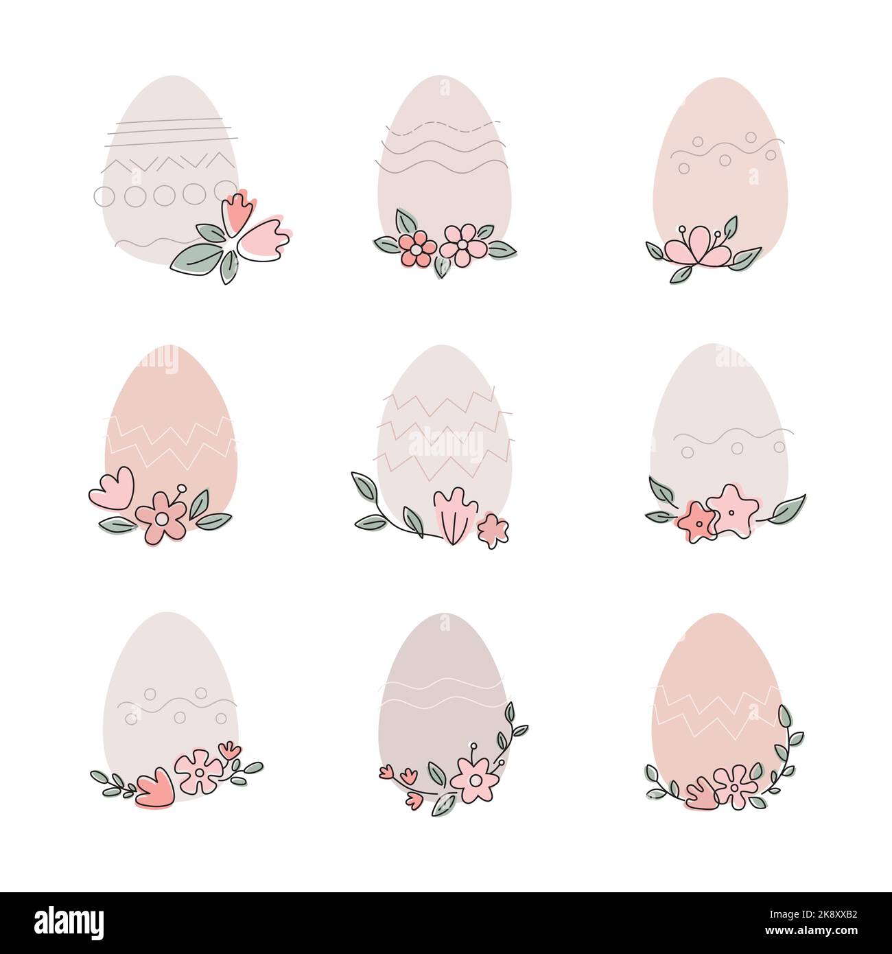 Ensemble d'œufs de pâques pastel simples avec ligne de fleurs ornée pour modèle de carte, courrier, offre, histoire Illustration de Vecteur
