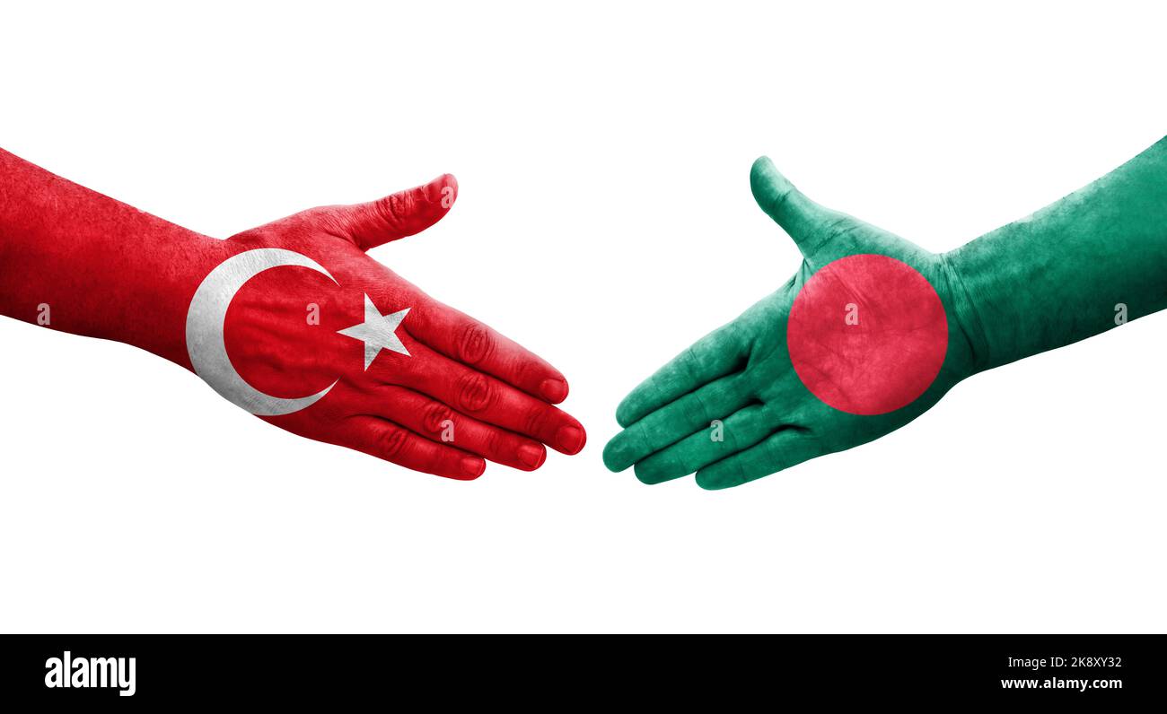 Poignée de main entre le Bangladesh et la Turquie drapeaux peints sur les mains, image transparente isolée. Banque D'Images