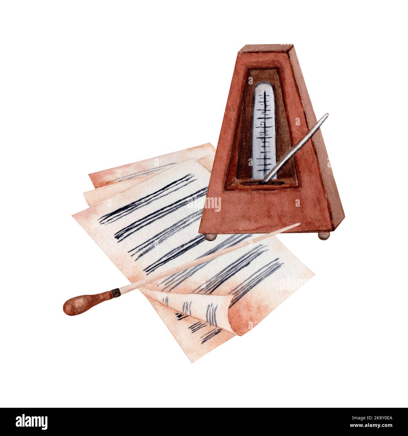 Musique classique avec illustration d'aquarelle Baton et Metronome de Conductor. Musique classique peint à la main sur fond blanc. Banque D'Images