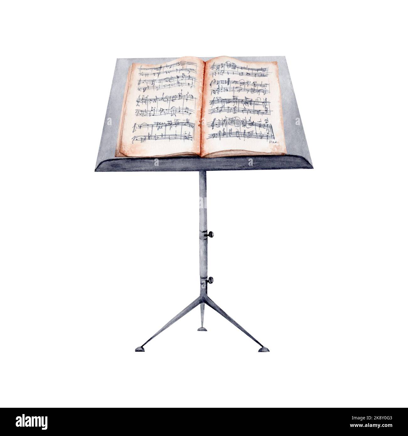 Support musical avec illustration de l'aquarelle de la musique en feuilles. Collection d'éléments isolés peints à la main de musique classique sur fond blanc. Banque D'Images