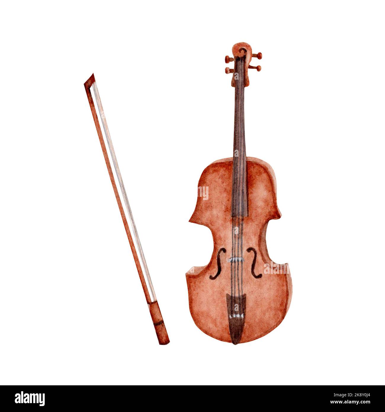 Violon avec un arc aquarelle. Collection d'éléments isolés peints à la main de musique classique sur fond blanc. Banque D'Images